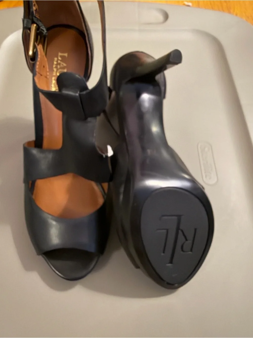 Lauren Ralph Lauren Black Leather T-Strap Heels with Gold Buckles